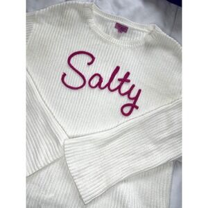 Francescas White Knit "Salty" Sweater Embroidered  Coastal Clean Pullover Size S